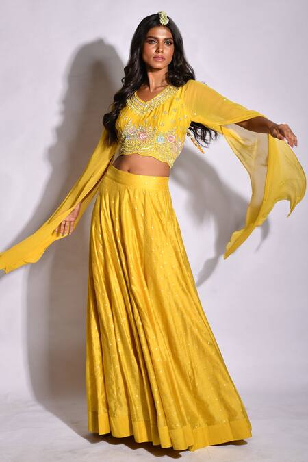 Aksh_Yellow Chanderi, Georgette, Taffeta Floral, Embroidered Crop Top And Skirt Set_Online_at_Aza_Fashions