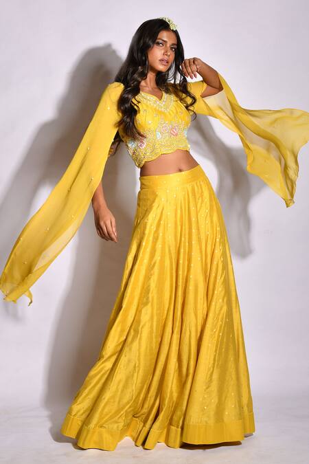 Buy_Aksh_Yellow Chanderi, Georgette, Taffeta Floral, Embroidered Crop Top And Skirt Set_Online_at_Aza_Fashions