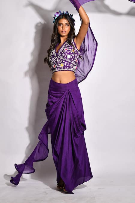 Aksh_Purple Taffeta, Art Organza, Bamber Silk Embroidered Crop Top And Draped Skirt Set_Online_at_Aza_Fashions