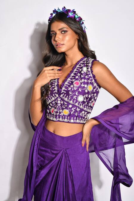 Buy_Aksh_Purple Taffeta, Art Organza, Bamber Silk Embroidered Crop Top And Draped Skirt Set_Online_at_Aza_Fashions