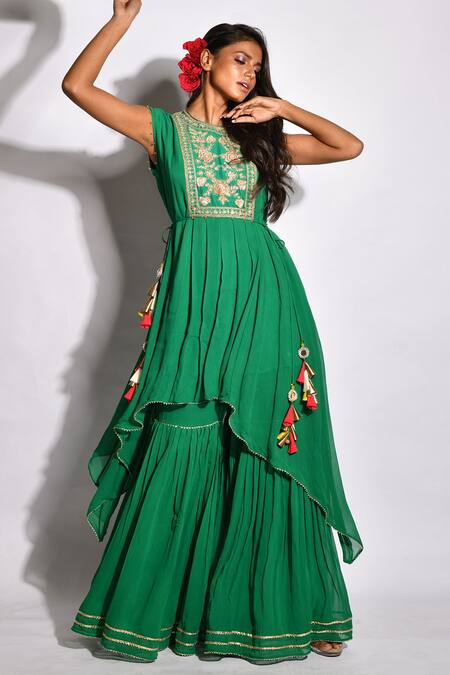 Aksh_Green Georgette, Taffeta Floral Round Embroidered Kurta Gharara Set_Online_at_Aza_Fashions