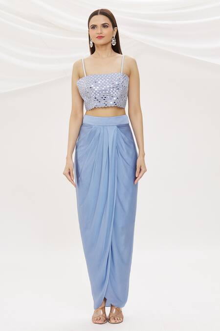 Buy_Kresha Lulla_Blue Georgette Embroidery Mirror Work Blouse Straight Jacket And Dhoti Skirt Set_Online_at_Aza_Fashions