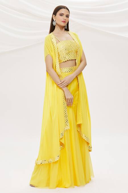 Kresha Lulla_Yellow Georgette Embroidery Mirror Work Blouse Straight Jacket And Sharara Set_Online_at_Aza_Fashions