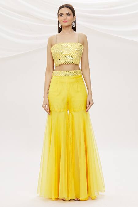 Buy_Kresha Lulla_Yellow Georgette Embroidery Mirror Work Blouse Straight Jacket And Sharara Set_Online_at_Aza_Fashions