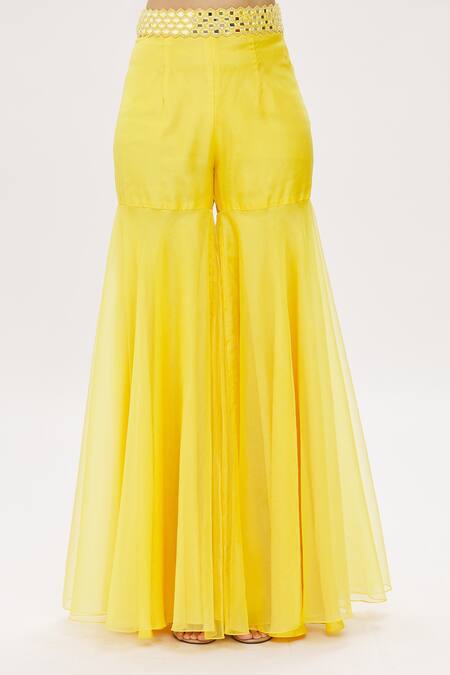 Kresha Lulla_Yellow Georgette Embroidery Mirror Work Blouse Straight Jacket And Sharara Set_at_Aza_Fashions