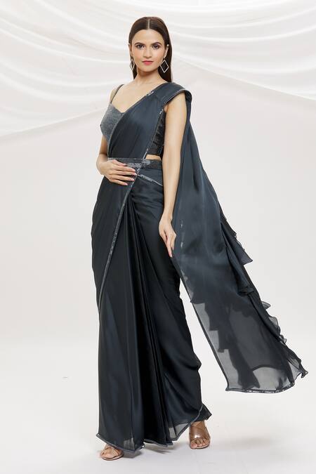 Buy_Kresha Lulla_Grey Satin Embroidery Tubes V Neck Pre-draped Ruffle Saree With Blouse_Online_at_Aza_Fashions