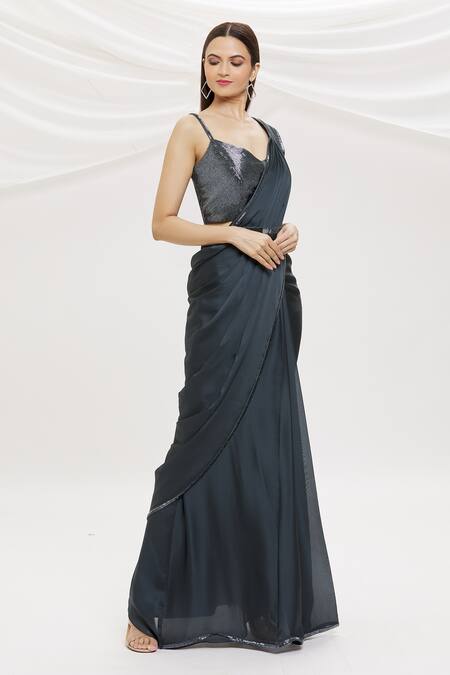Kresha Lulla_Grey Satin Embroidery Tubes V Neck Pre-draped Ruffle Saree With Blouse_Online_at_Aza_Fashions