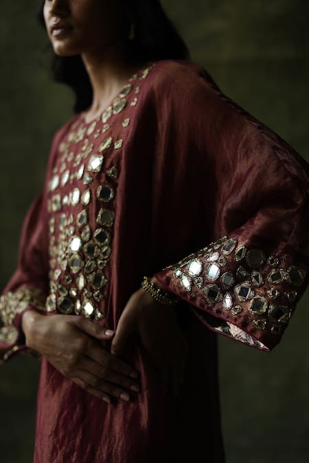 Shop_Begum_Red Kurta Zari Silk, Pant Modal , Slip Sahiba Kaftan And Set _Online_at_Aza_Fashions