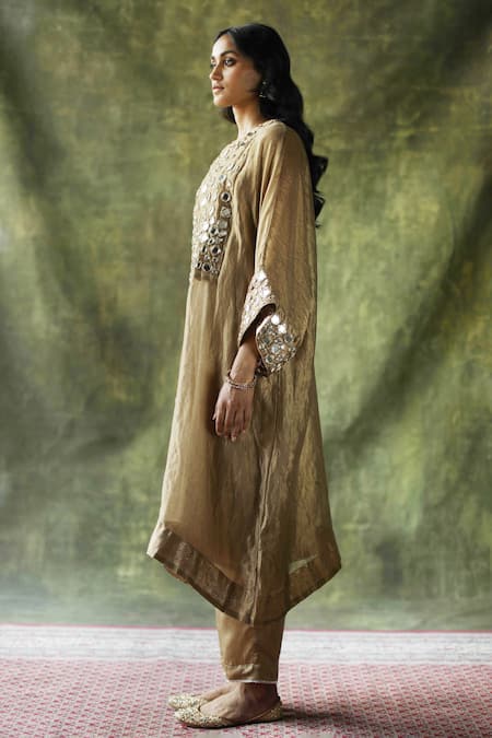 Begum_Beige Kurta Zari Silk, Pant Modal , Slip Sahiba Kaftan And Set _Online_at_Aza_Fashions