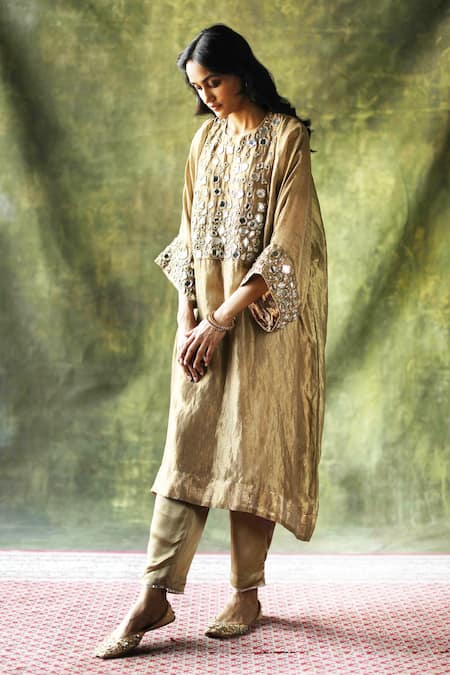 Buy_Begum_Beige Kurta Zari Silk, Pant Modal , Slip Sahiba Kaftan And Set _Online_at_Aza_Fashions