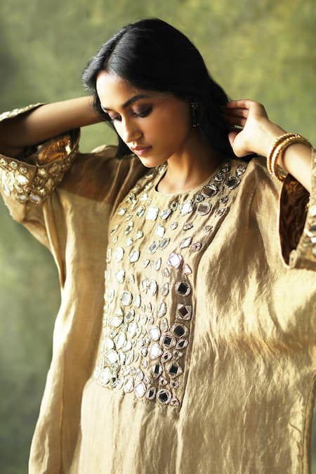 Shop_Begum_Beige Kurta Zari Silk, Pant Modal , Slip Sahiba Kaftan And Set _Online_at_Aza_Fashions