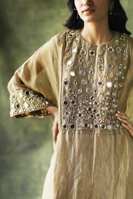 Begum_Beige Kurta Zari Silk, Pant Modal , Slip Sahiba Kaftan And Set _at_Aza_Fashions