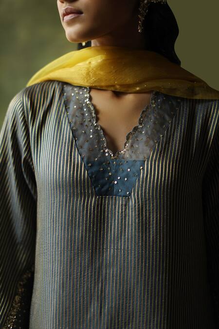 Shop_Begum_Grey Kurta Brocade Silk Embroidery Sequin V Neck Nida Set _Online_at_Aza_Fashions