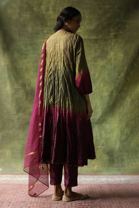 Shop_Begum_Wine Kurta And Pant  Dupatta Kota Zeenat Ombre Set  _at_Aza_Fashions