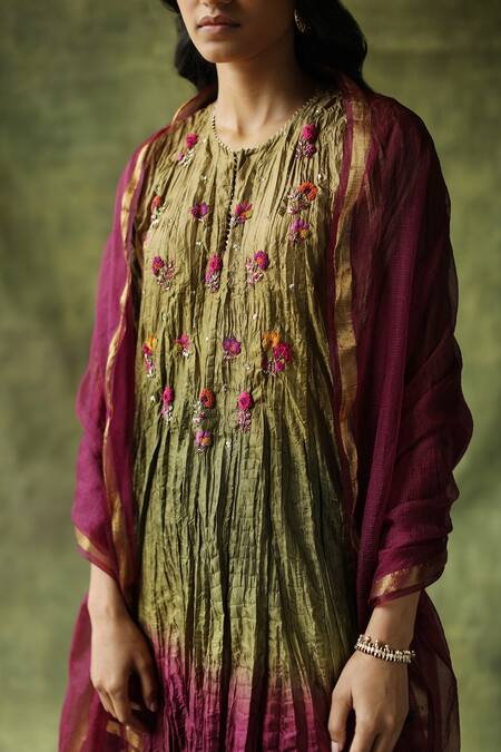 Shop_Begum_Wine Kurta And Pant  Dupatta Kota Zeenat Ombre Set  _Online_at_Aza_Fashions