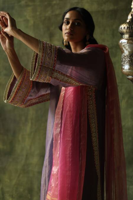 Buy_Begum_Purple Dupatta Organza, Kurta Chanderi Silk Kurta, Pant Dia Embroidered Set _Online_at_Aza_Fashions