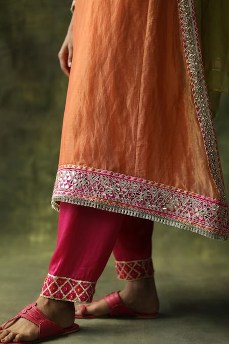 Begum_Orange Dupatta Organza, Kurta Chanderi Silk Kurta, Pant Dia Embroidered Set _at_Aza_Fashions
