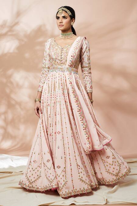 Shop_Tamanna Punjabi Kapoor_Pink Georgette, Lining Crepe Dori, Floral, Embroidered Anarkali With Dupatta _Online_at_Aza_Fashions