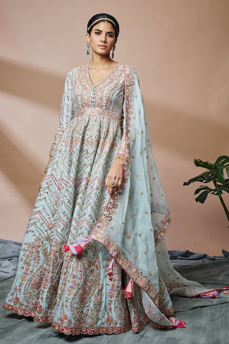 Tamanna Punjabi Kapoor Blue Georgette Embroidery Resham V Neck Mirror Anarkali With Dupatta 