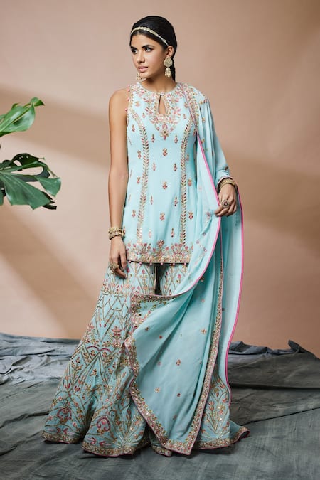 Buy Tamanna Punjabi Kapoor Blue Georgette, Lining Crepe Floral, Mirror, Embroidered Kurta Sharara Set Online at Aza Fashions Buy_Tamanna Punjabi Kapoor_Blue Georgette, Lining Crepe Floral, Mirror, Embroidered Kurta Sharara Set _Online_at_Aza_Fashions