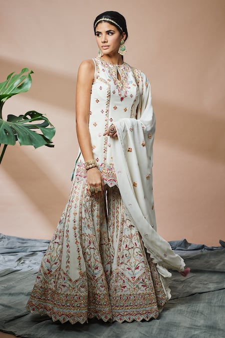 Buy Tamanna Punjabi Kapoor Ivory Georgette, Lining Crepe Geometric, Mirror, Embroidered Kurta Sharara Set Online at Aza Fashions Buy_Tamanna Punjabi Kapoor_Ivory Georgette, Lining Crepe Geometric, Mirror, Embroidered Kurta Sharara Set _Online_at_Aza_Fashions