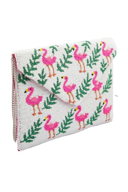 Buy_Sequissential_White Embroidered Flamingo Clutch_Online_at_Aza_Fashions