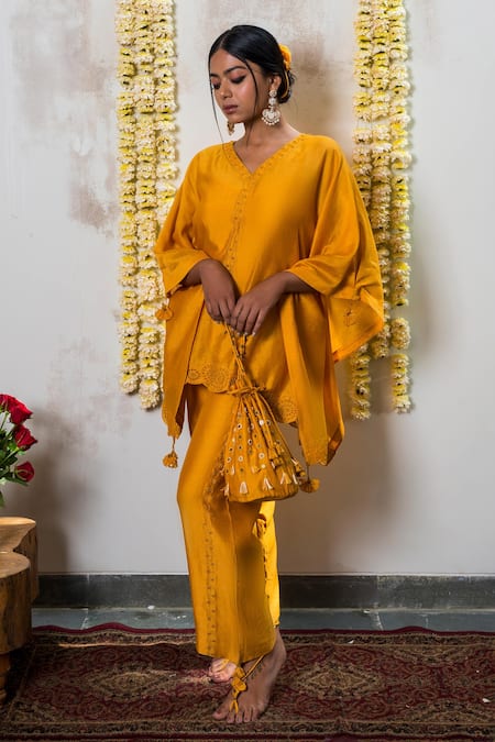 The Right Cut Yellow Chanderi Silk Embroidered V Neck Marigold Kaftan And Pant Set 