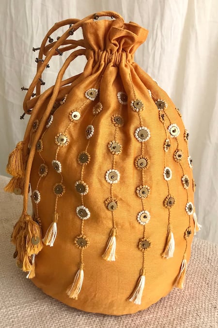 The Right Cut Yellow Embroidered Marigold Chanderi Silk Potli Bag 