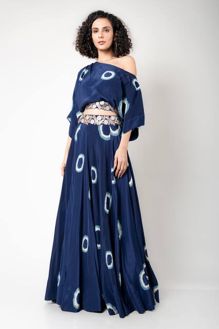 Buy_Nupur Kanoi_Blue Crepe Gota, Mirror, Polka Dots, Swarovski Work Tie-dye Top And Lehenga Set_Online_at_Aza_Fashions