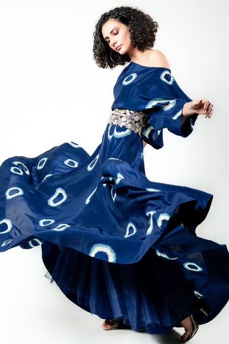 Nupur Kanoi_Blue Crepe Gota, Mirror, Polka Dots, Swarovski Work Tie-dye Top And Lehenga Set_at_Aza_Fashions