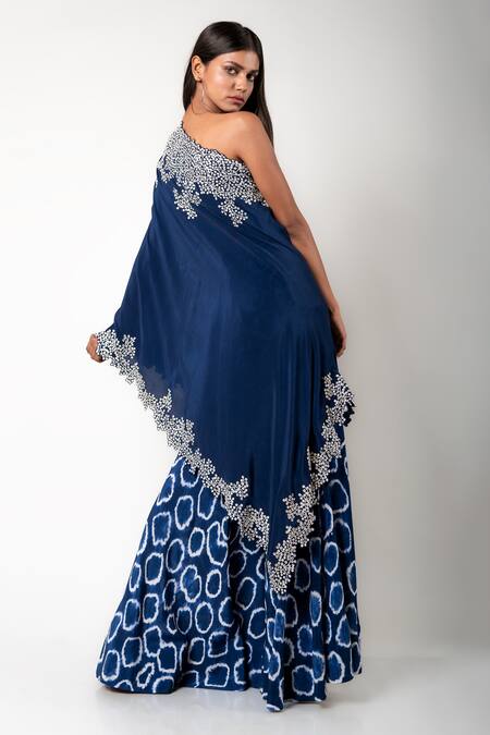 Shop_Nupur Kanoi_Blue Crepe Hand Dyed And Embroidered Polka Tie-dye Cape & Gharara Set  _at_Aza_Fashions