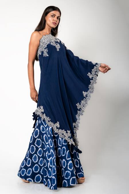 Nupur Kanoi_Blue Crepe Hand Dyed And Embroidered Polka Tie-dye Cape & Gharara Set  _Online_at_Aza_Fashions