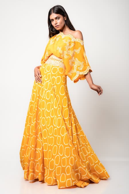 Nupur Kanoi_Yellow Crepe Polka Dots, Mirror And Swarovski Border Tie-dye Top & Lehenga Set_Online_at_Aza_Fashions