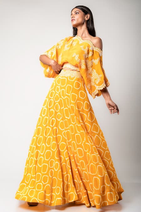 Buy_Nupur Kanoi_Yellow Crepe Polka Dots, Mirror And Swarovski Border Tie-dye Top & Lehenga Set_Online_at_Aza_Fashions