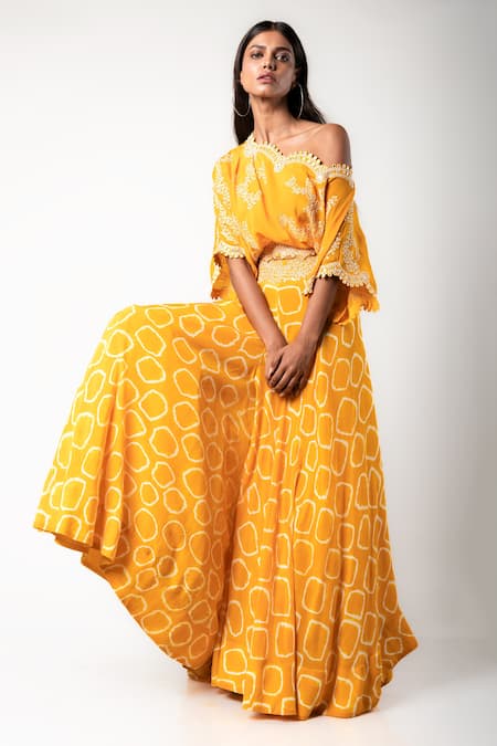 Shop_Nupur Kanoi_Yellow Crepe Polka Dots, Mirror And Swarovski Border Tie-dye Top & Lehenga Set_Online_at_Aza_Fashions