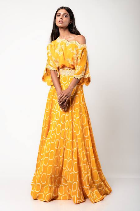 Nupur Kanoi_Yellow Crepe Polka Dots, Mirror And Swarovski Border Tie-dye Top & Lehenga Set_at_Aza_Fashions
