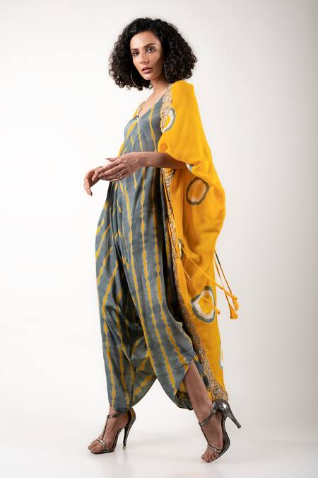 Nupur Kanoi_Yellow Crepe Polka Dots, Moti Stone Work Jacket Open, Embroidered And Set_Online_at_Aza_Fashions