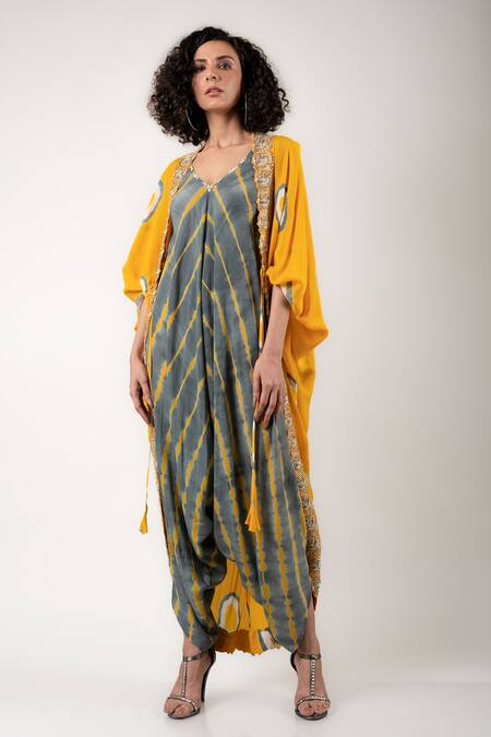Shop_Nupur Kanoi_Yellow Crepe Polka Dots, Moti Stone Work Jacket Open, Embroidered And Set_Online_at_Aza_Fashions