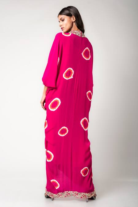 Shop_Nupur Kanoi_Fuchsia Crepe Hand Dyed And Embroidered Polka Rekha Tie- Draped Dress  _at_Aza_Fashions