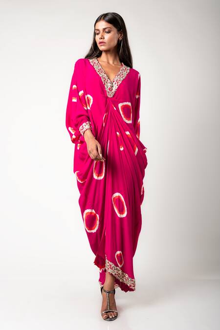Nupur Kanoi_Fuchsia Crepe Hand Dyed And Embroidered Polka Rekha Tie- Draped Dress  _Online_at_Aza_Fashions