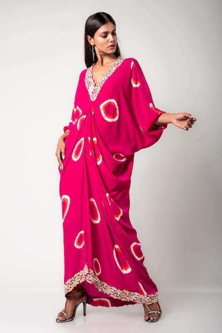 Buy_Nupur Kanoi_Fuchsia Crepe Hand Dyed And Embroidered Polka Rekha Tie- Draped Dress  _Online_at_Aza_Fashions