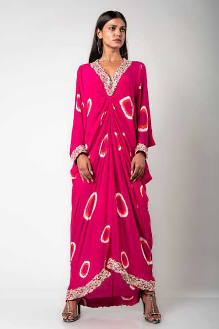 Shop_Nupur Kanoi_Fuchsia Crepe Hand Dyed And Embroidered Polka Rekha Tie- Draped Dress  _Online_at_Aza_Fashions
