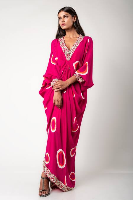 Nupur Kanoi_Fuchsia Crepe Hand Dyed And Embroidered Polka Rekha Tie- Draped Dress  _at_Aza_Fashions