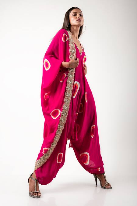 Nupur Kanoi_Fuchsia Crepe Hand Dyed And Embroidered Polka Dots & Jumpsuit Set  _Online_at_Aza_Fashions