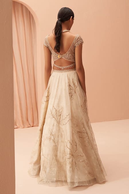 Shop_Parul Gandhi_Gold Foil Organza Floral Plunge Sweetheart Cleopatra Printed Bridal Lehenga Set _at_Aza_Fashions