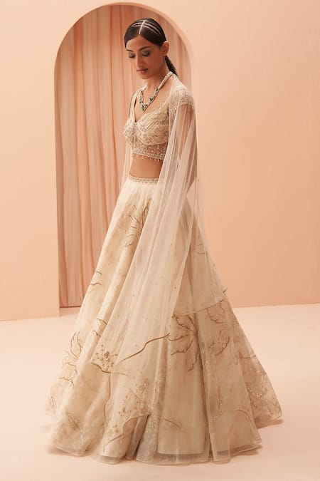 Buy_Parul Gandhi_Gold Foil Organza Floral Plunge Sweetheart Cleopatra Printed Bridal Lehenga Set _Online_at_Aza_Fashions
