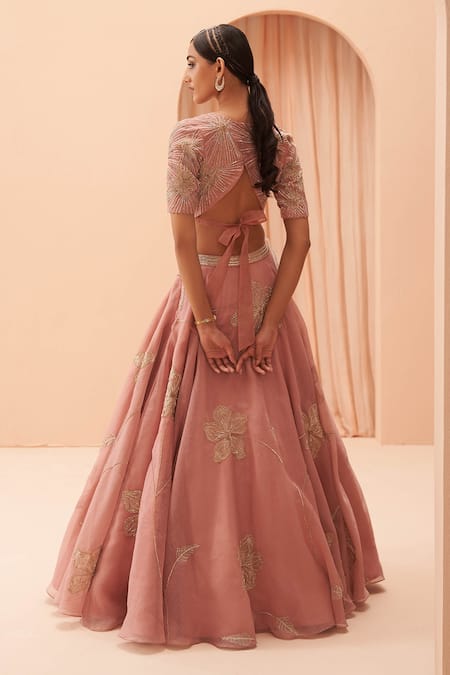 Shop_Parul Gandhi_Pink Shimmer Organza Floral V Neck Embroidered Bridal Lehenga Set _at_Aza_Fashions
