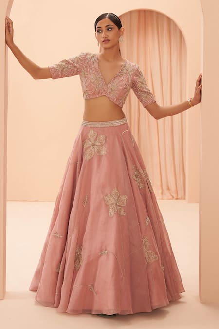 Parul Gandhi_Pink Shimmer Organza Floral V Neck Embroidered Bridal Lehenga Set _Online_at_Aza_Fashions