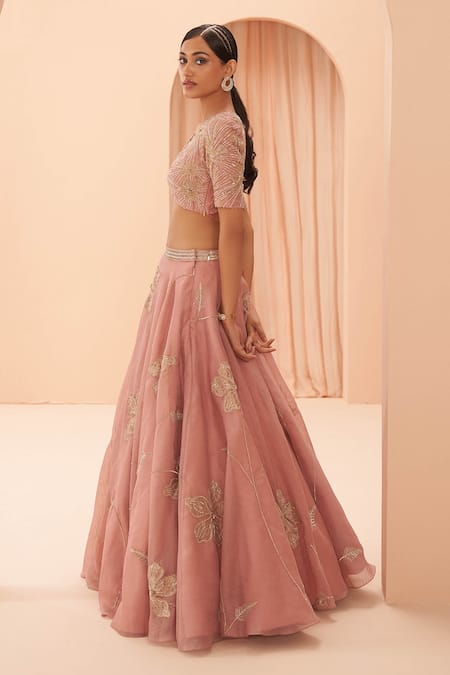 Buy_Parul Gandhi_Pink Shimmer Organza Floral V Neck Embroidered Bridal Lehenga Set _Online_at_Aza_Fashions