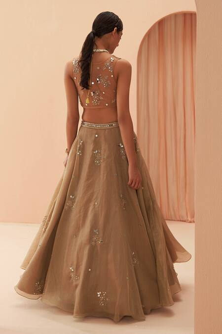 Shop_Parul Gandhi_Gold Metallic Organza Floral, Sequin V Gleaming Mirror Embroidered Lehenga Set _at_Aza_Fashions